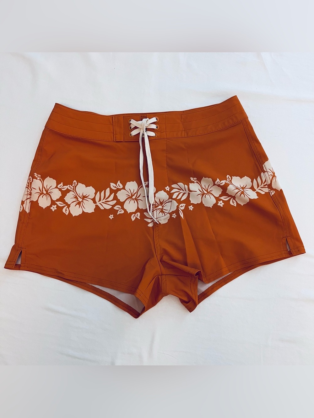 Billabong Women's “On Island Time” Swim Shorts - Rust & White Hibiscus Print Sz7